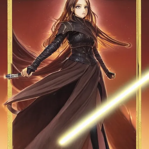 Prompt: portrait of a female Kazuto Kirigaya Kirito as young woman with brown long hair and bangs and wearing a long black coat breast-armor showing through, with light-saber, face, fantasy, intricate, elegant, highly detailed drawn by Donato Giancola and Fernanda Suarez and Artem Demura, face by Artgerm and Edmund Leighton, Alphonse Mucha, background by James Jean and Gustav Klimt, 4k, porcelain skin, komorebi, french nouveau, trending on pixiv, octane render, hyperrealistic