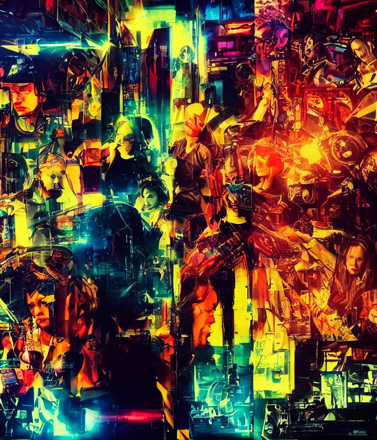 Image similar to Beautiful colorful Cyberpunk Movie Poster made for the film William Gibson's Cyborg Nights (2004) Starring Melissa McCarthy and Keanu Reeves, minimalist oil paint and ink and photo collage by Man Ray and Marcel Duchamp and Diane Arbus, Vivid color trending on artstation Cinematic lighting photographic! collage!! 8k