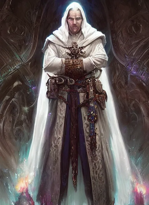 Image similar to white cloak holy priest, ultra detailed fantasy, dndbeyond, bright, colourful, realistic, dnd character portrait, full body, pathfinder, pinterest, art by ralph horsley, dnd, rpg, lotr game design fanart by concept art, behance hd, artstation, deviantart, hdr render in unreal engine 5