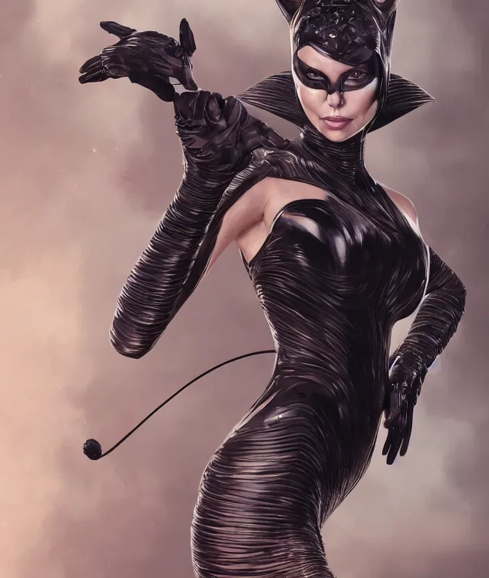 Image similar to portrait of charlize theron as a catwoman. intricate abstract. intricate artwork. by tooth wu, wlop, beeple, dan mumford. octane render, trending on artstation, greg rutkowski very coherent symmetrical artwork. cinematic, hyper realism, high detail, octane render, 8 k, iridescent accents.