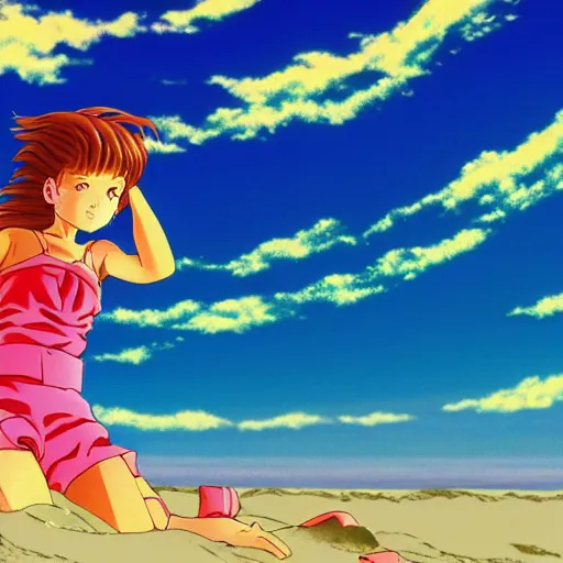 Prompt: girl laying in the sand next to ocean in sunset, sprite, vaporwave nostalgia, visual novel cg, 8 0 s anime vibe, kimagure orange road, maison ikkoku, initial d, drawn by by rumiko takahashi, directed by hideki anno, wallpaper, ultra hd, vlc screenshot