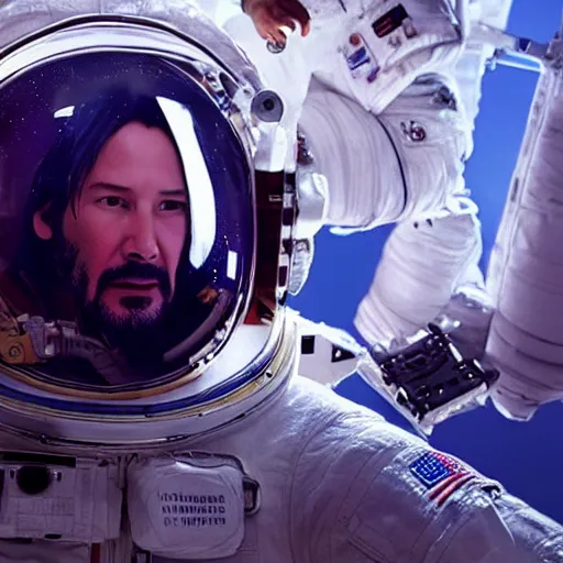 Prompt: keanu reeves in space with astronauts, instagram photo, full hd, 8 k, unreal engine, octane render, hyper detailed, hyper realistic, photorealistic, vfx, houdini, full body