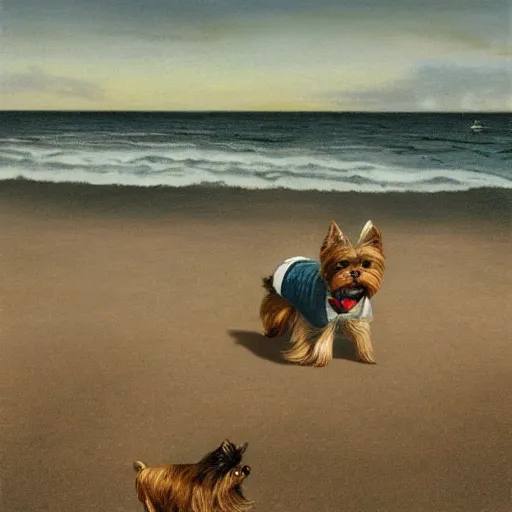 Image similar to a Yorkshire terrier at the beach wearing a bow tie, extremely detailed masterpiece, illustration, by Michael Sowa,