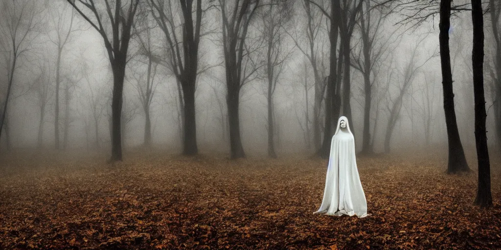 Prompt: a white female ghost in a ominous forest, autumn, 35mm, cinematic atmosphere, mist, photorealistic, depth of field, gloomy