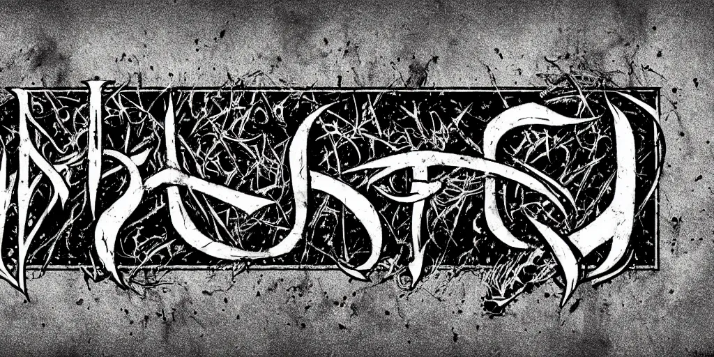 Image similar to masterpiece, intricate black death metal logo calligraphy by thomas bokler, wildan slam art, behance, detailed white letters on black background