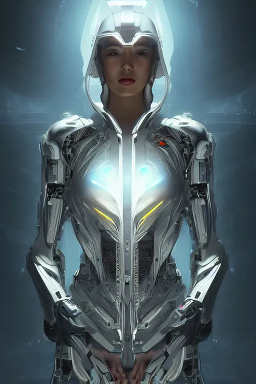 Prompt: beautiful cyborg priestess, scifi, perfect face, futuristic, elegant cape, aura of light, glow, concept art, sharp focus, inside a space ship, trending on artstation, hwang se - on, intricate, advanced technology, art by roman makarenko and simon almeida and marcos melco