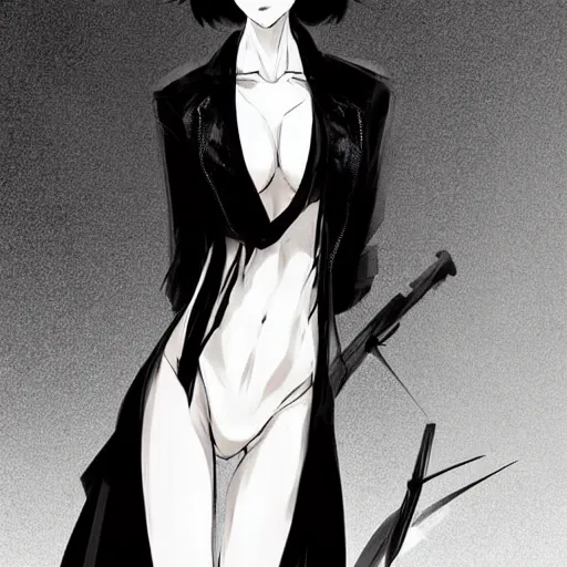 Image similar to slim beautiful killer girl in tuxedo with short black hair, elegant, 2d, ultra highly detailed, digital painting, smooth, sharp focus, artstation, black and white art by Tsutomu Nihei