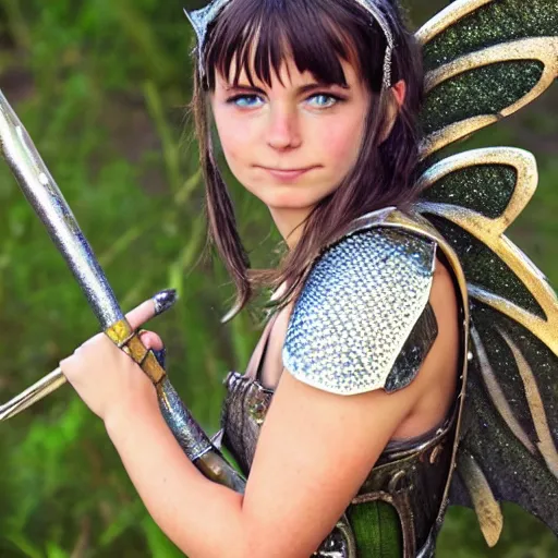 Prompt: photo of a beautiful fairy warrior with sparkly armour