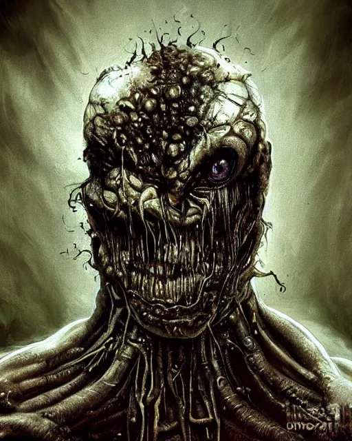 Image similar to Dark fantasy Painting of a hulking muscular EXTRATERRESTRIAL flesh creature with big bulging eyes, white milky eyeballs, skin covered in boils with fish eyes with drool dripping from its mouth, hr giger muscles, straw-like beard growing from face, disgusting, creepy, unsettling, horror, upper body, intricate, wild, highly detailed, digital painting, artstation, concept art, smooth, sharp focus, illustration, art by artgerm and greg rutkowski and alphonse mucha