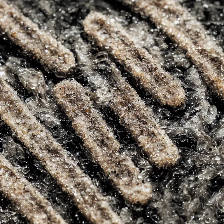 Prompt: Soaking wet soggy fish stick drenched with a stream water from a faucet on a moist wet plate. Very wet delicious crusty fish sticks. Macro lens close up 4K ultra high contrast award winning photo