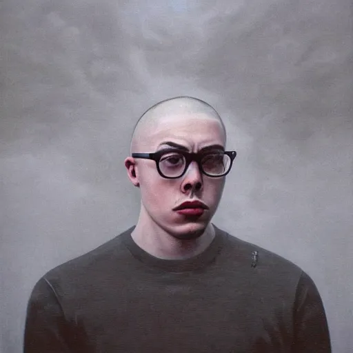 Prompt: beautiful portrait of anthony fantano, theneedledrop, standing in desolate empty brutalist ruins, close - up, painted by zdzislaw beksinski