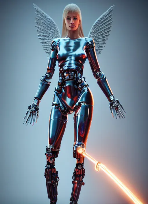 Image similar to a beautiful gorgeous futuristic cybernetic angel girl with a fire sword, prostheses, transhumanism, full body shot, perfect symmetrical body, perfect symmetrical face, hyper realistic, hyper detailed, by johannen voss, by peter kemp, by monia merlo, by michelangelo, octane render, blender, 8 k