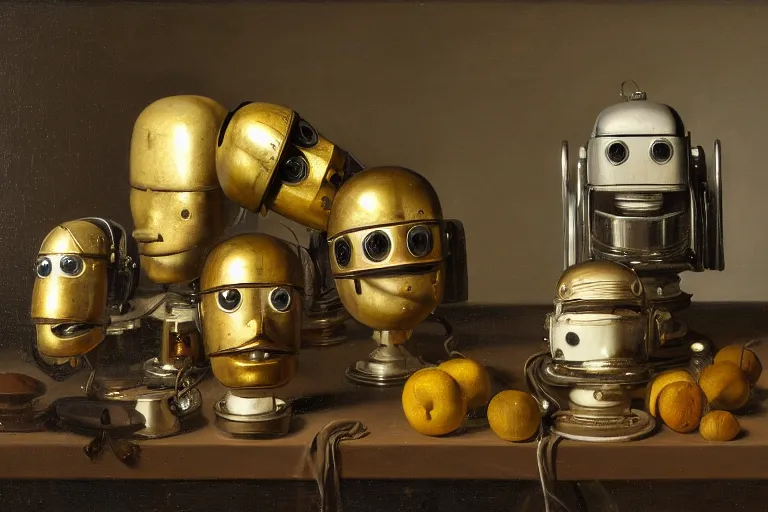 Prompt: still life painting of old vintage robot heads by pieter claesz, oil on canvas, strong lighting, highly detailed, hyper realism, golden hour, god rays, hd, 4 k