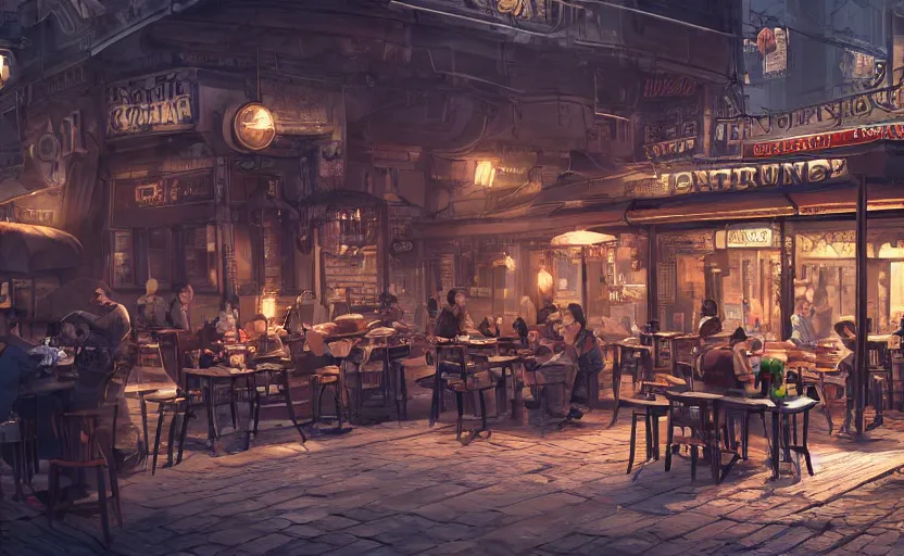 Image similar to a cozy relaxed cafe, looking out at the bustling underbelly of a thriving steampunk city by james paick, trending on cgsociety, unreal engine, 4 k wallpaper