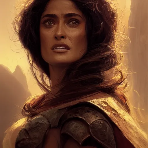 Image similar to portrait, Salma Hayek , barbarian , face portrait, raphael lacoste, eddie mendoza, alex ross, concept art, matte painting, highly detailed, rule of thirds, dynamic lighting, cinematic, detailed, denoised, centred