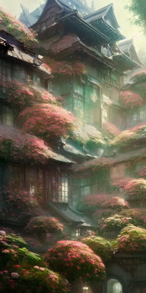 Prompt: a beautiful hyperdetailed matte wallpaper illustration of blooming flower house, chinnes style, victo nagi, ruan jia, makoto shinkai, marc simonetti, greg rutkowski, artgerm, ross tran