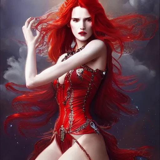 Image similar to ultra realistic illustration, bella thorne as the red queen, intricate, elegant, highly detailed, digital painting, artstation, concept art, smooth, sharp focus, illustration, art by artgerm and greg rutkowski and alphonse mucha