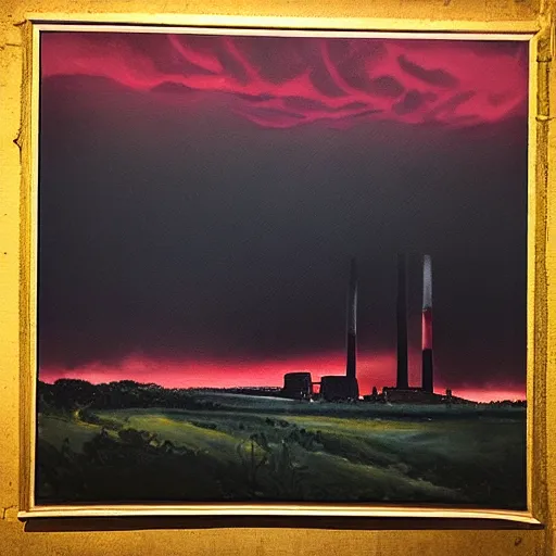 Prompt: “dramatic painting of industrial smokestacks piercing a layer of black clouds, with a background of red clouds lit by a sunset, in the style of the Hudson River school”