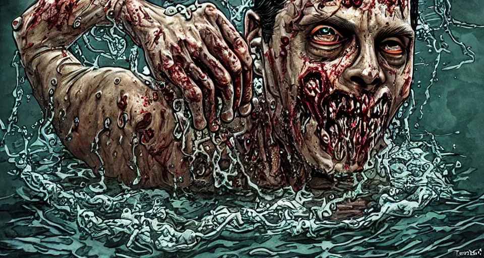 Image similar to highly detailed full body portrait of a zombie swimming underwater in a zombie - apocalypse, in a swimming pool, style tony moore walking dead