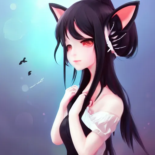 Prompt: realistic beautiful gorgeous natural cute fantasy girl black hair cute black cat ears in maid dress outfit beautiful eyes artwork drawn full HD 4K highest quality in artstyle by professional artists WLOP, Taejune Kim, Guweiz, ArtGerm on Artstation Pixiv