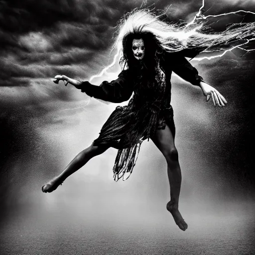 Image similar to wild woman dancing in an epic storm with lightning, fire, creepy shadows, Tim Burton, black and white photograph, 40mm, hyper detailed, 8k, clear