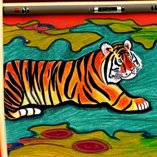 Image similar to drawing of a tiger cubs sleeping in a pond of black oil, red ballpoint pen, outsider art style