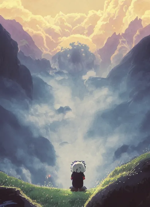 Image similar to the flim poster of a magical place around mountains and river, white spirit flying around the sky, miyazaki's animated film, ghibli studio, princess mononoke, 4 k, highly detailed, horizon view, cinematic composition, hyperdetailed,