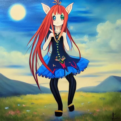 Image similar to oil painting of a long hair anime ELF dancing in the moonlight l Trending on Pixiv