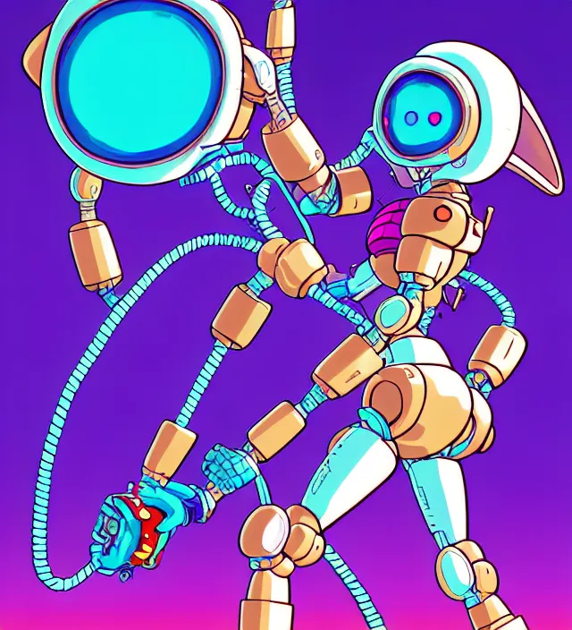 Image similar to retrowave robot rabbit girl, carrying eletro - whip, animation character design by akira toriyama, don bluth, jack kirby, alex toth, capcom, action - adventure, sharp detail, artstation trending, conceptart. com