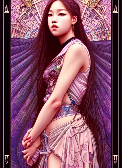 Image similar to jennie manoban of blackpink, tarot card, highly detailed, digital painting, smooth, sharp focus, illustration, ultra realistic, 8 k, art by artgerm and alphonse mucha