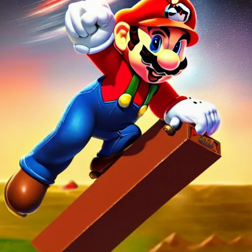 Image similar to A hyper real comic book style portait painting of Super Mario as an astronaut on the moon riding a horse, unreal 5, hyperrealistic, octane render, cosplay, RPG portrait, dynamic lighting