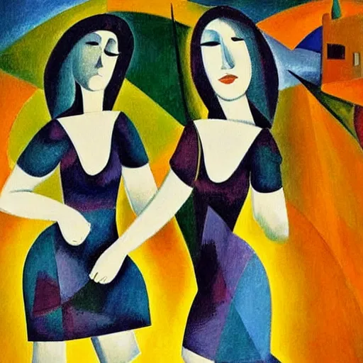 Image similar to two Irish Women in the moonlight dancing by the ocean , high quality art in the style of cubism and geogia o keefe