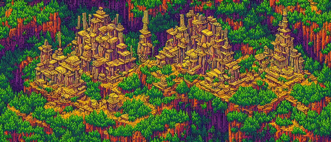 Image similar to mysterious cannabis temple in the mountains, fantasy landrace landscape, extremely detailed, sharp focus, pixelart, wide view, digital illustration, by dan mumford, greg rutowski, johan grenier