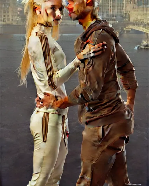 Prompt: Portrait of mixed race skinny man in a tracksuit & a blonde woman exchanging cockerels in London,real life skin, intricate, elegant, highly detailed, artstation, concept art, smooth, sharp focus, art by artgerm and greg rutkowski and alphonse mucha