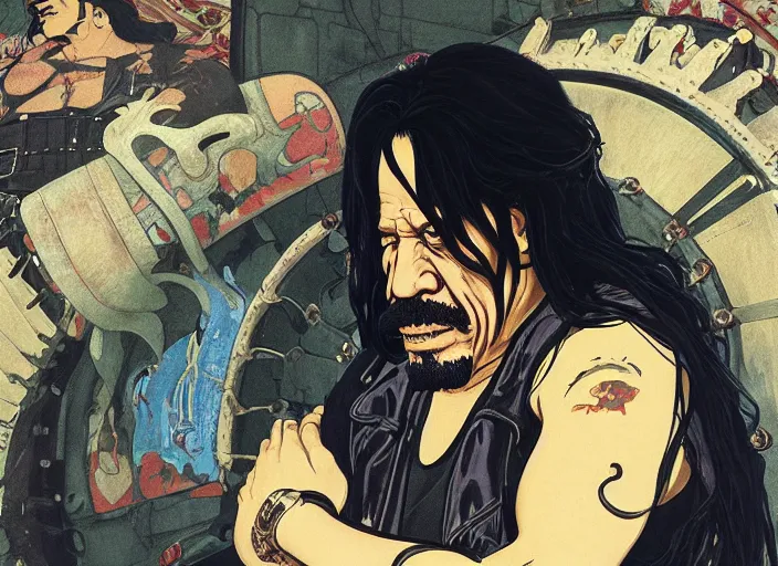 Prompt: portrait of danny trejo exploring a haunted house, long black hair, leather vest and jeans, kyoto animation still, finely illustrated face, intricately detailed features, digital painting, makoto shinkai, painted by ilya kuvshinov and katsura masakazu and alphonse mucha and satoshi kon