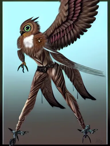 Prompt: female birdkin!!! female birdfolk!!! anthro!!!!!!!! avian, bird, owl!!!!! detailed fursona design!! furaffinity!!!! roman armor, Lorica segmentata! subject holding gladius! beautiful full body portrait commission!! head visible!!!