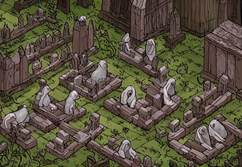 Image similar to possums dressed as monks at a medieval cemetery at night, highly detailed, digital art, isometric