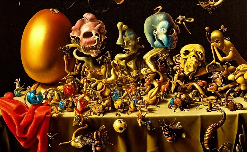 Image similar to the weirdest image ever disturbing colorful oil painting dutch golden age vanitas still life with bizarre recursive humanoid faces strange beautiful curvy women metal objects shiny gooey surfaces shiny metal bizarre insects rachel ruysch dali todd schorr very detailed perfect composition rule of thirds masterpiece canon 5 0 mm, cinematic lighting, chiaroscuro