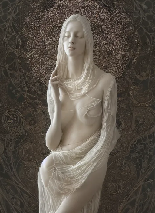 Prompt: opalescent marble sculpture of beautiful woman dissolving into shimmering dust, diaphanous, ivory carving, pearlescent, caustics, fractal paisley inlay, lace, intricate, elegant, highly detailed, smooth, sharp focus, mucha, digital photography, by ruan jia and greg rutkowski