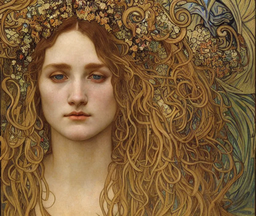 Image similar to detailed realistic beautiful young medieval queen face portrait by jean delville, alphonse mucha, vincent van gogh, and marco mazzoni, art nouveau, symbolist, visionary, gothic, pre - raphaelite
