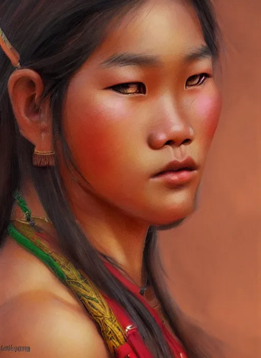 Prompt: portrait of a beautiful teen khmer ethnic northeast thailand, closeup portrait, historical, ethnic group, traditional costume, elegant, loin cloth, highly detailed, oil painting, artstation, concept art, matte, sharp focus, illustration, hearthstone, art by earl norem