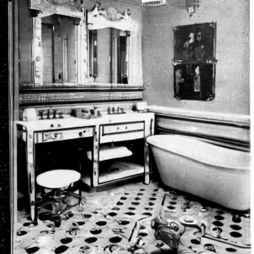 Prompt: a 1 9 5 0 s newspaper photo of a lavish bathroom. the mirror is shattered on the floor