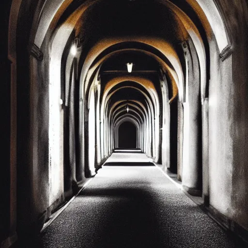 Image similar to a long shadowy asylum hallway at night, arched ceiling, one point perspective, vanishing point, symmetrical composition, rich colors, dramatic lighting, by lee madgwick, photorealistic, v - ray render 8 k uhd