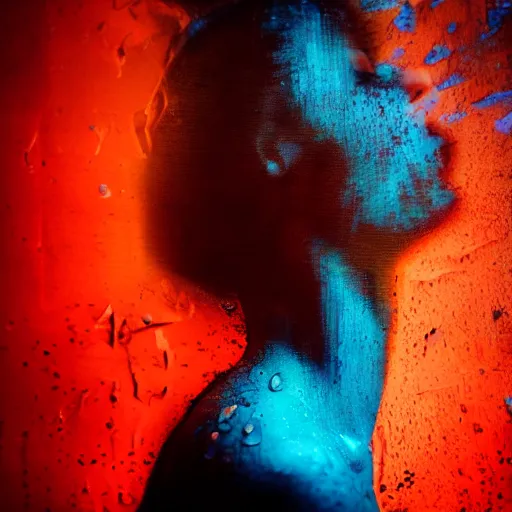 Image similar to beautiful female body silhouette, beautiful portrait, photography by amy leibowitz and filip fedorov, urban city photography, close up portrait, cinematic still, film still, magic hour, dark mood, cold colors, sony, kodak, long exposure, art noveau painting, liquid marble fluid painting, neon glow