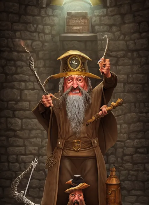Image similar to highly detailed, hyper realistic wizard, funny, with a dungeon background by studio muti