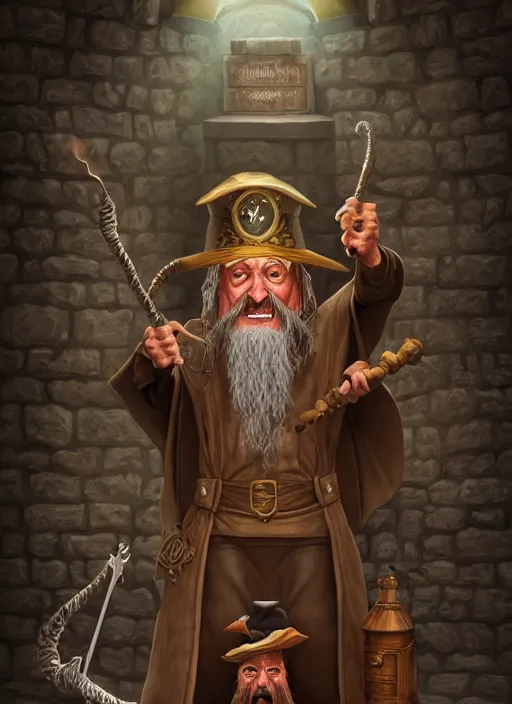 Prompt: highly detailed, hyper realistic wizard, funny, with a dungeon background by studio muti