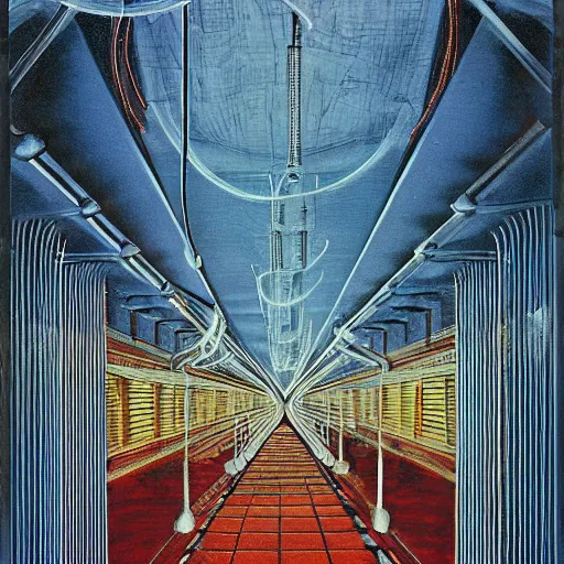 Prompt: art deco filigree of biomorphic tubes and wires :: metal walls, glacial ceiling :: low scrim of mist clinging to the ground :: emergency lighting :: 1970s science fiction cover by Hopper, Carvaggio, and Rembrandt