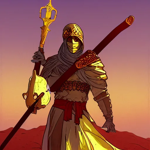 Image similar to an ultra detailed vector image of solaire of astora dressed as the prince of persia, concept art by alphonse mucha and greg rutkowski, bright red desert sands, bright yellow and red sun, octane render, liminal space