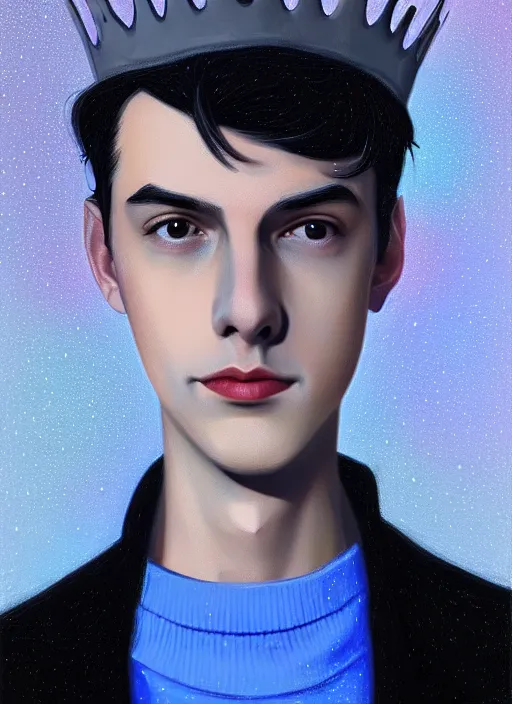 Image similar to portrait of teenage jughead jones wearing a light grey crown, crown, blue turtleneck, 1 9 5 0 s, closed eyes, photorealistic, black hair, glowing lighting, intricate, elegant, glowing lights, highly detailed, digital painting, artstation, concept art, smooth, sharp focus, illustration, art by wlop, mars ravelo and greg rutkowski