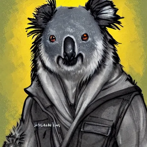 Prompt: A koala dressed like in Mad Max in the style of a DnD character portrait, concept art